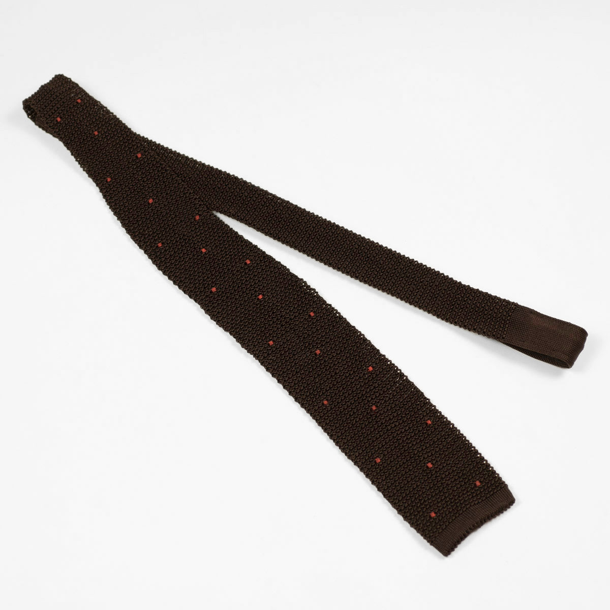 Brown square bottom silk knit tie, hand-sewn rust dots