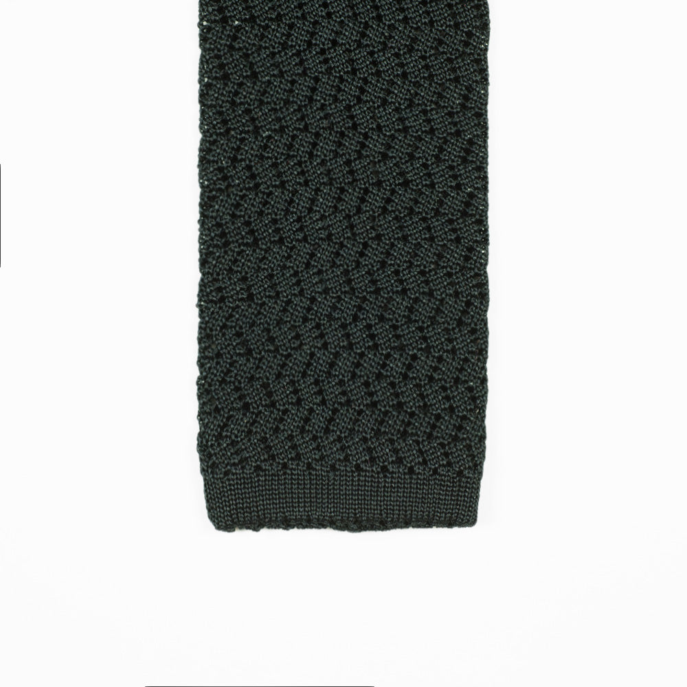 Black square bottom silk knit tie, zig-zag weave