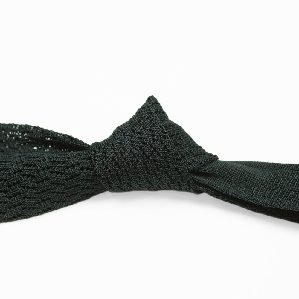 Black square bottom silk knit tie, zig-zag weave