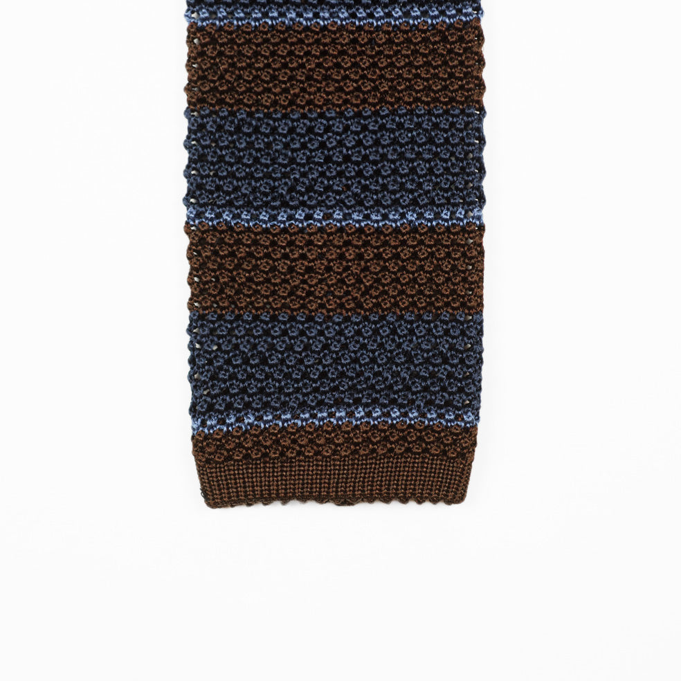 Brown and navy block stripe knit tie, blue stripes