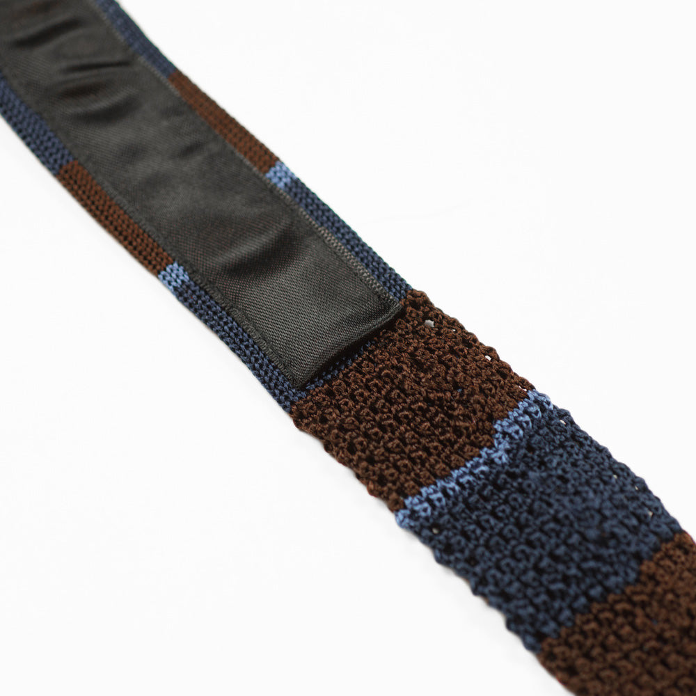 Brown and navy block stripe knit tie, blue stripes