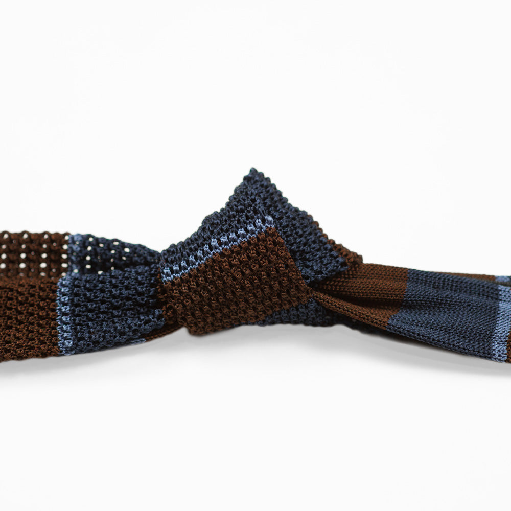 Brown and navy block stripe knit tie, blue stripes