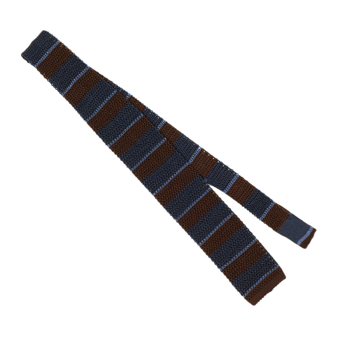 Brown and navy block stripe knit tie, blue stripes