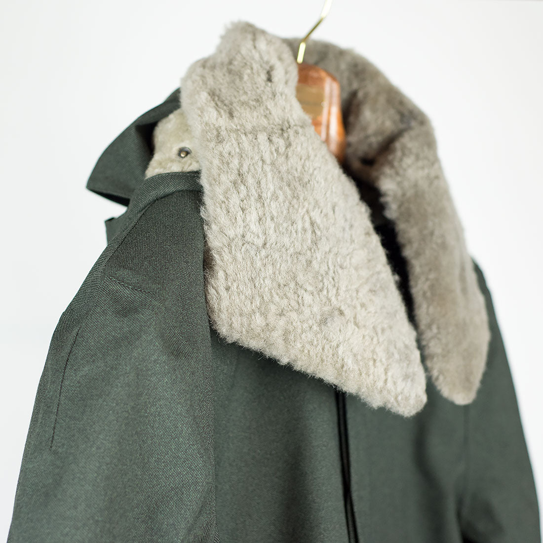 Army Green Hopsack Moscow raincoat with shearling collar and Arctic padded liner