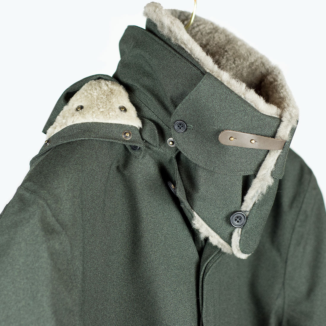 Army Green Hopsack Moscow raincoat with shearling collar and Arctic padded liner