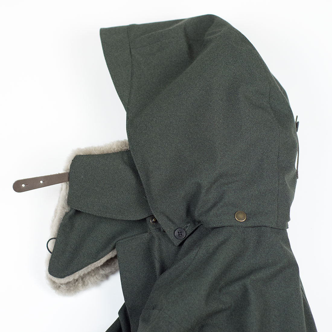 Army Green Hopsack Moscow raincoat with shearling collar and Arctic padded liner