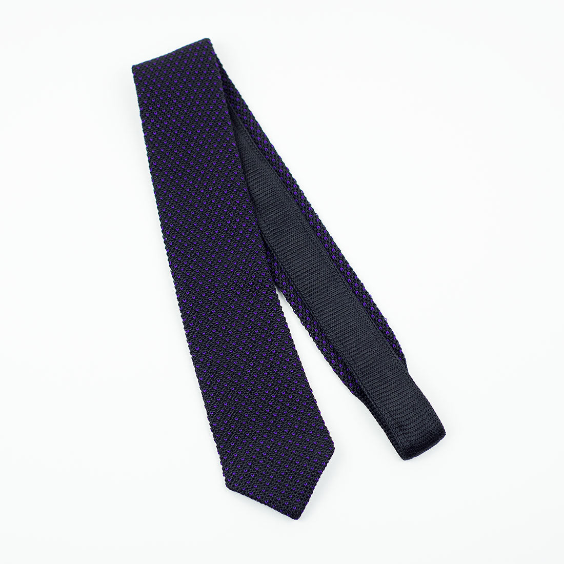 Black pointed bottom silk knit tie, purple birdseye