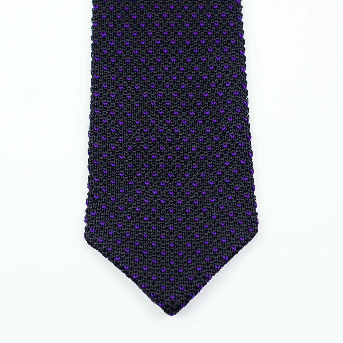 Black pointed bottom silk knit tie, purple birdseye