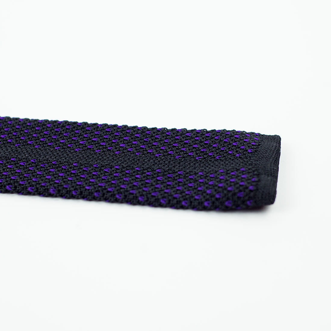 Black pointed bottom silk knit tie, purple birdseye