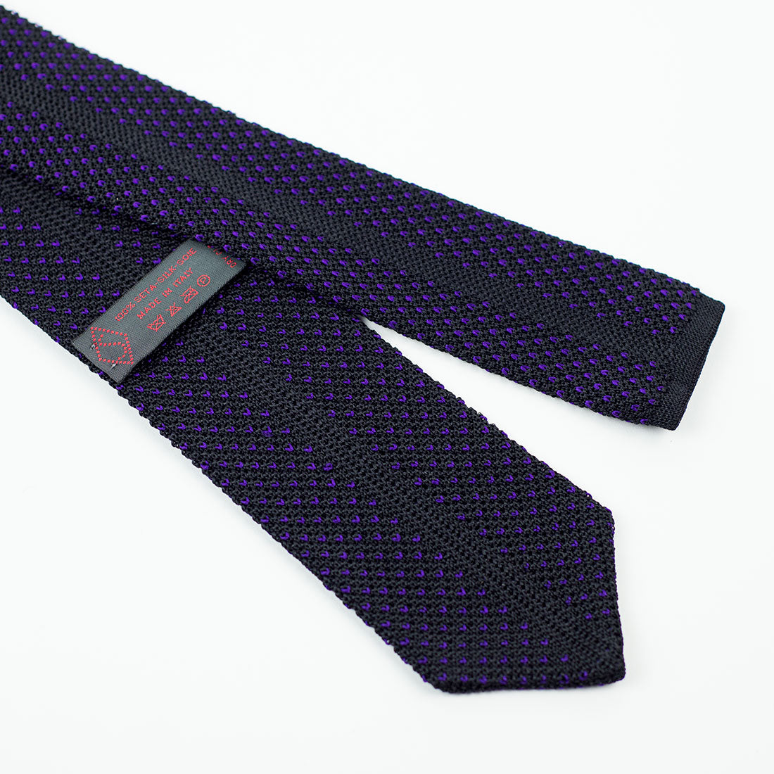 Black pointed bottom silk knit tie, purple birdseye