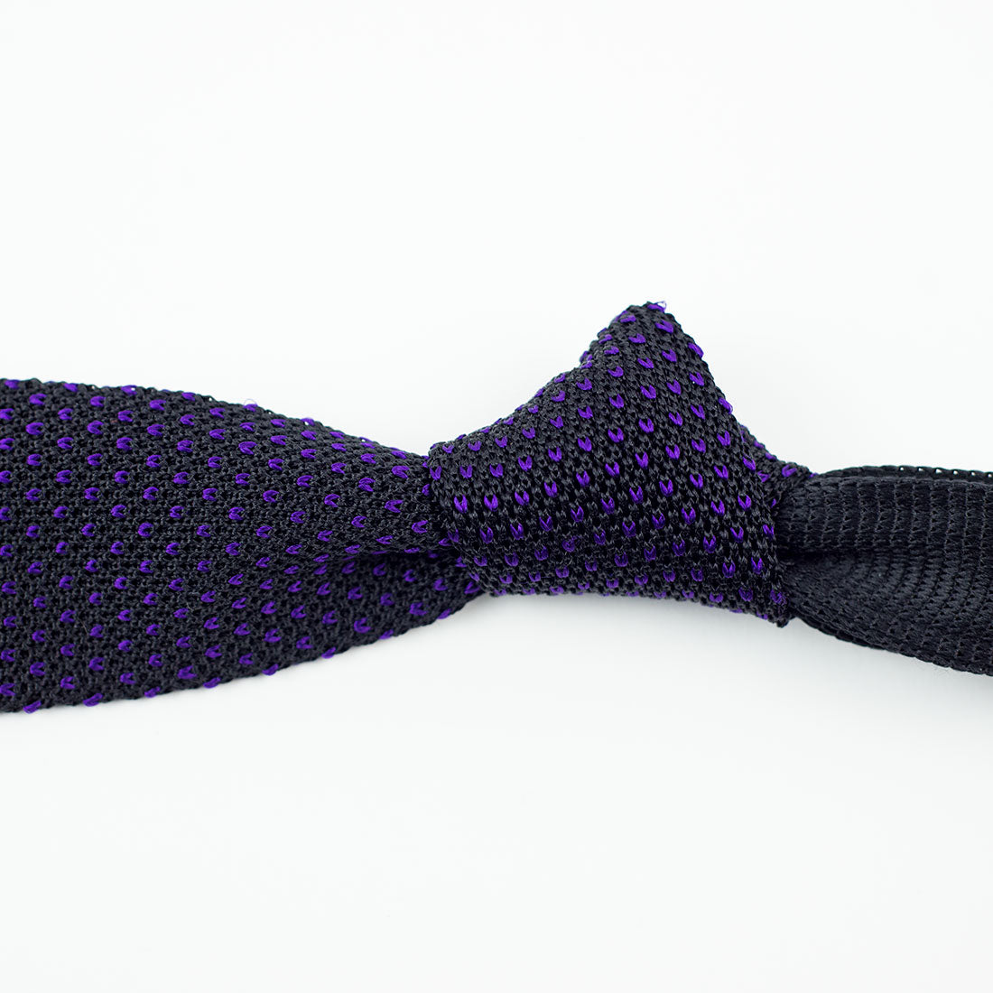 Black pointed bottom silk knit tie, purple birdseye