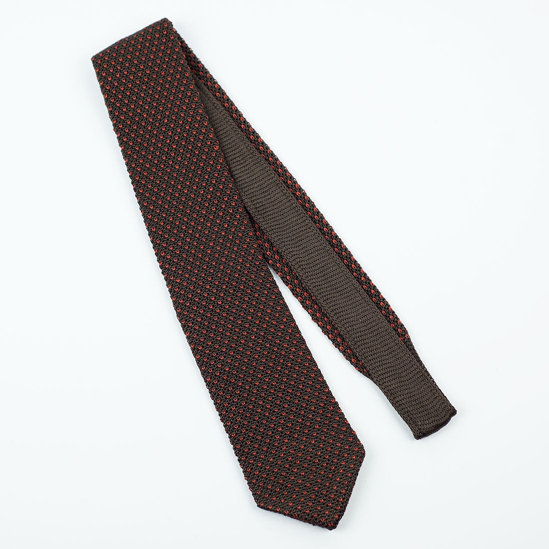 Brown pointed bottom silk knit tie, orange birdseye