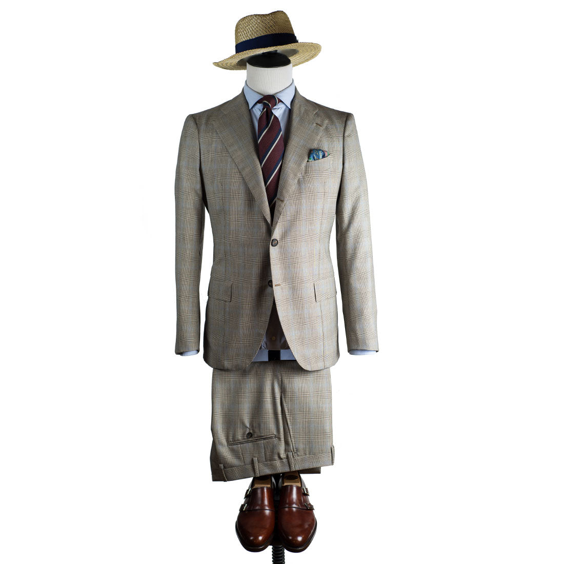 Cream and brown Prince-of-Wales suit with blue overcheck, 240g tropical wool