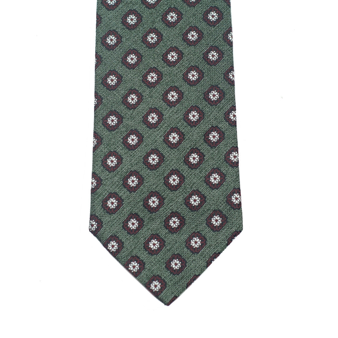 Green Panama silk tie, rust & white archival motifs