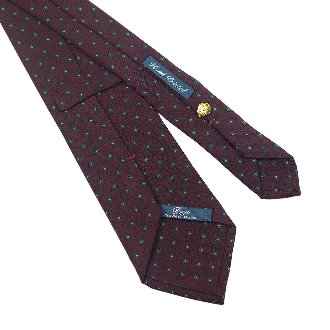 Burgundy 36oz foulard silk tie, green & gold floral print