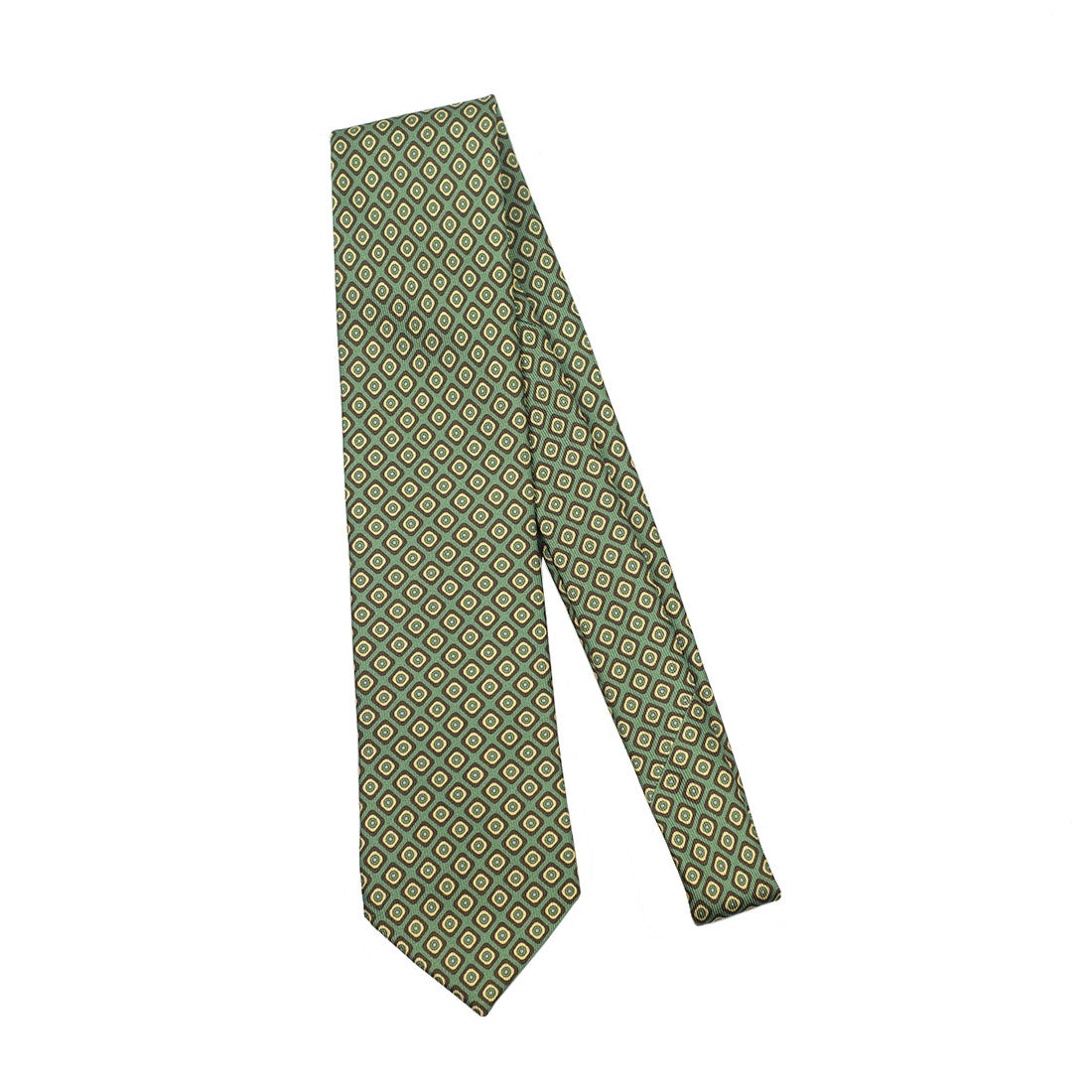 Green 40oz foulard silk tie, cream & brown neat print