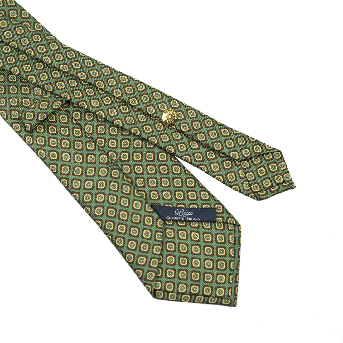 Green 40oz foulard silk tie, cream & brown neat print