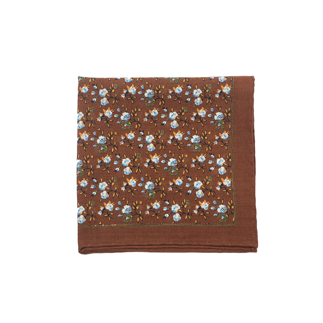 Copper brown wool & silk pocket square, white, blue & orange flower print