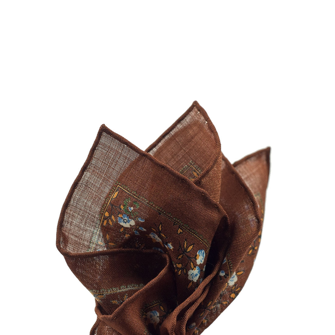 Copper brown wool & silk pocket square, white, blue & orange flower print