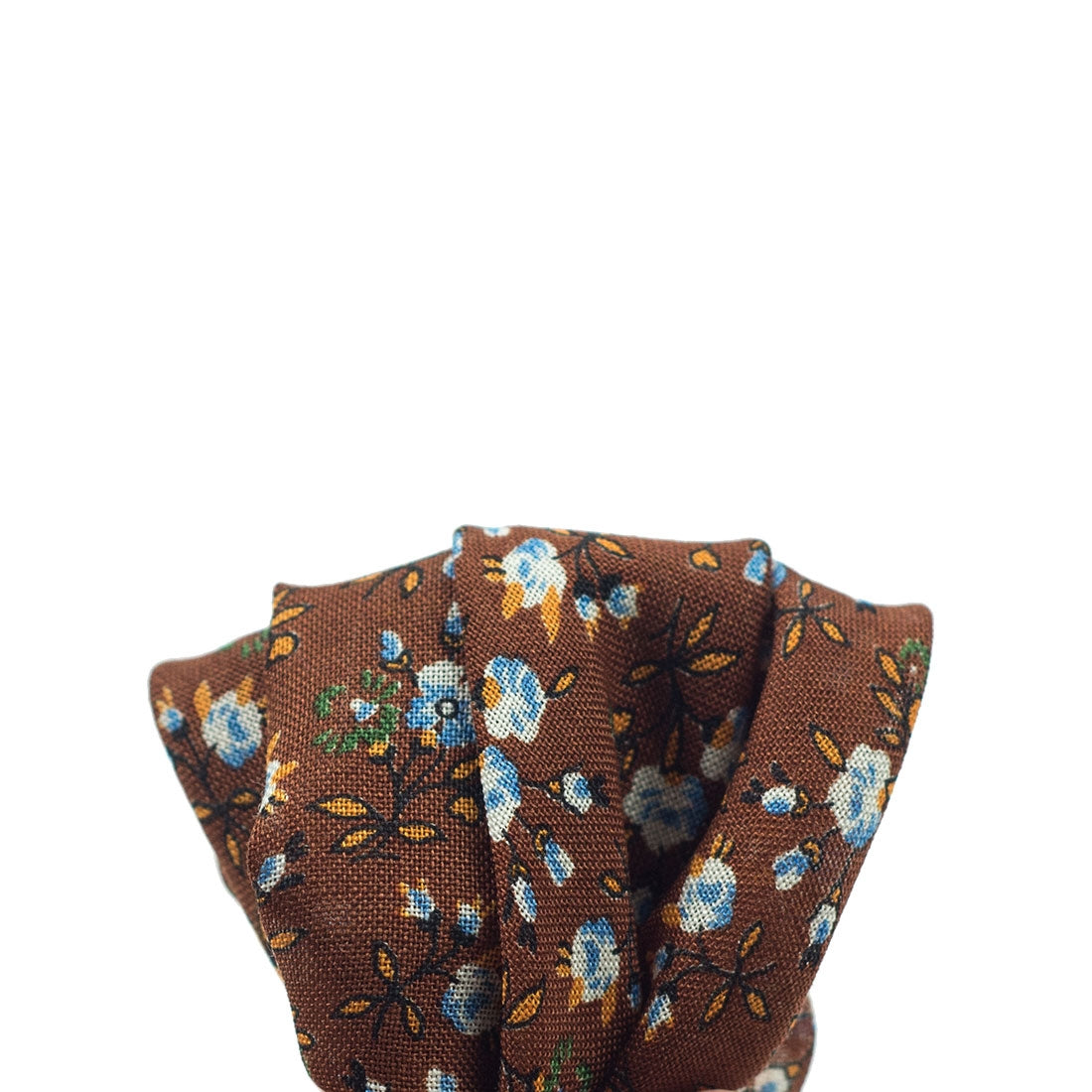 Copper brown wool & silk pocket square, white, blue & orange flower print