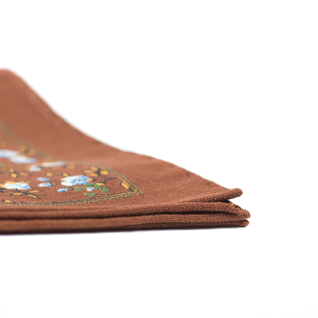 Copper brown wool & silk pocket square, white, blue & orange flower print