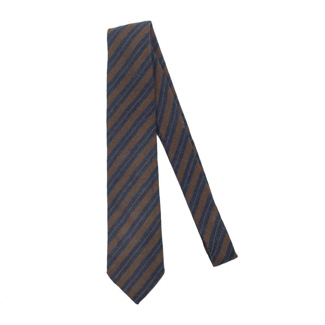 Brown wool & silk tie with navy stripes, hand-rolled