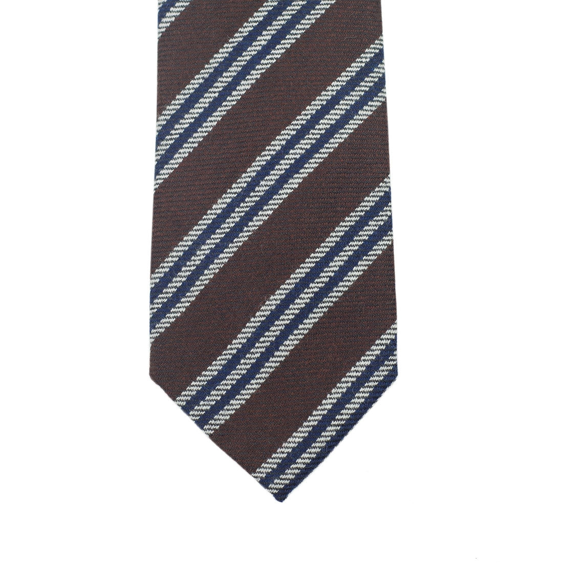 Brown wool & silk tie with grey & navy triple stripes