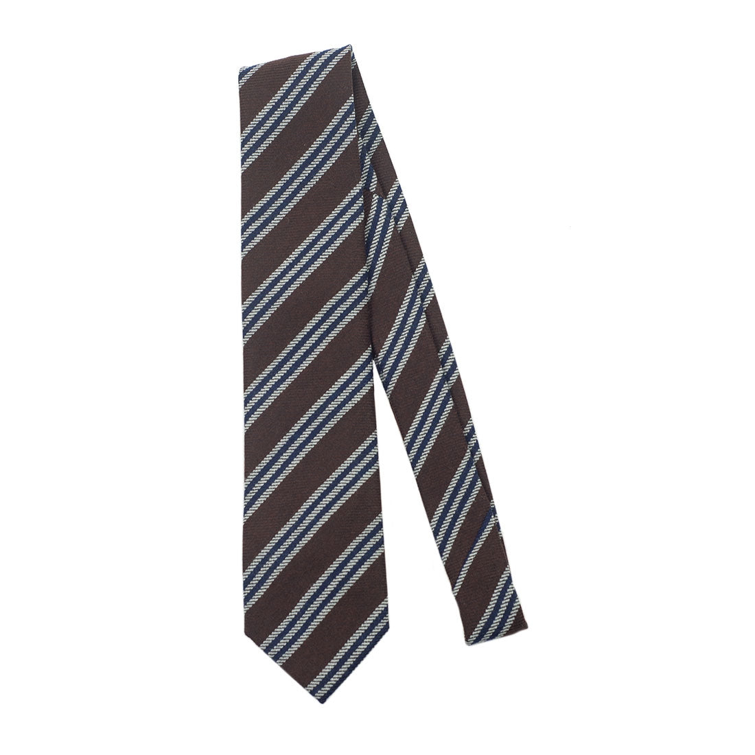 Brown wool & silk tie with grey & navy triple stripes