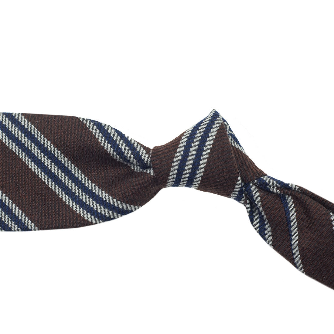 Brown wool & silk tie with grey & navy triple stripes