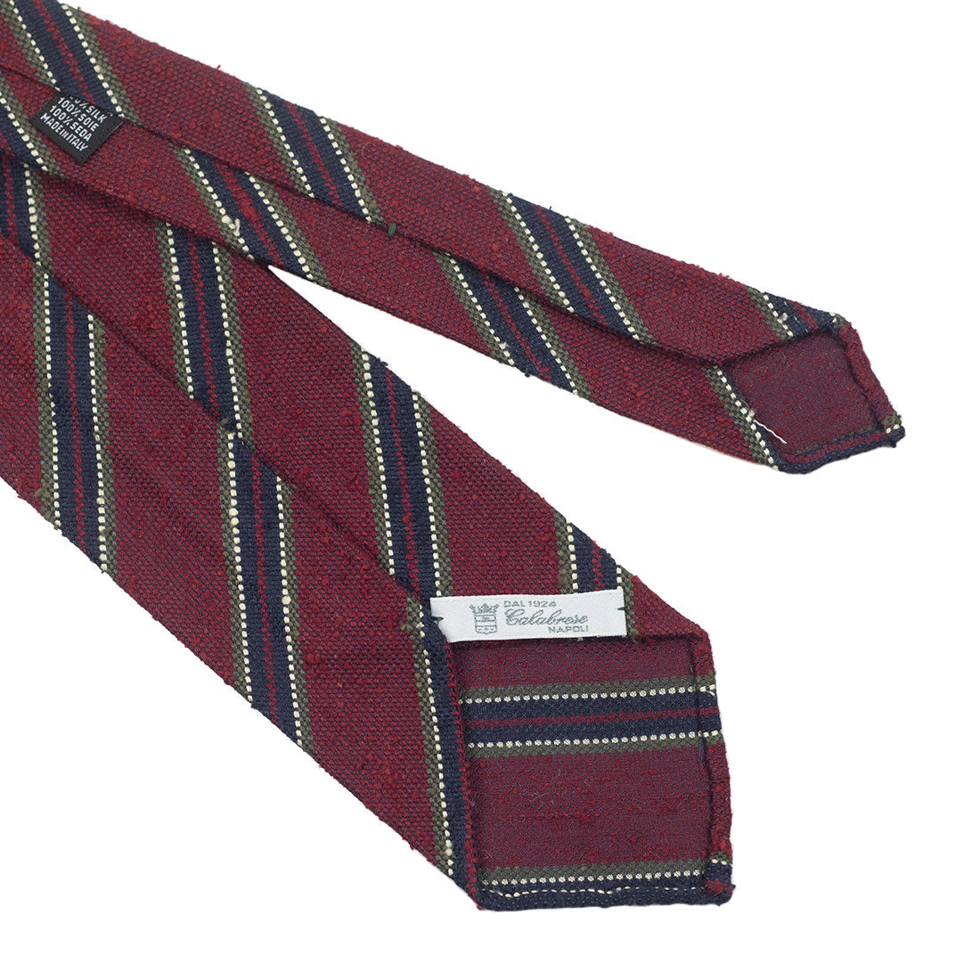 Burgundy Shantung silk tie with blue & green stripe, hand-rolled