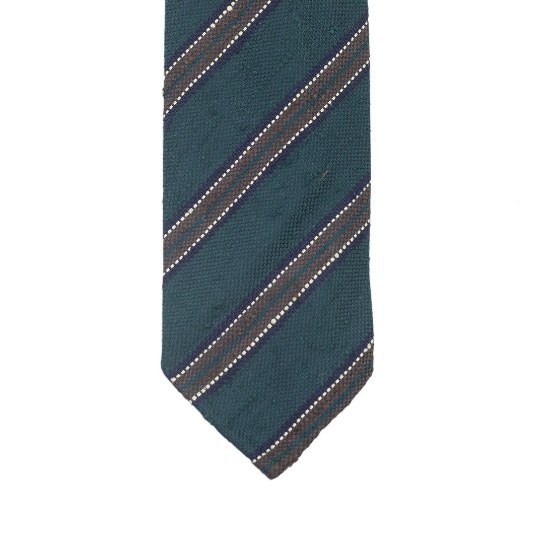 Green Shantung silk tie with brown & navy stripe, hand-rolled