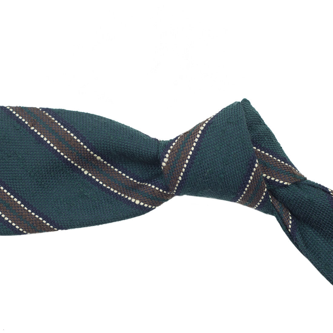 Green Shantung silk tie with brown & navy stripe, hand-rolled