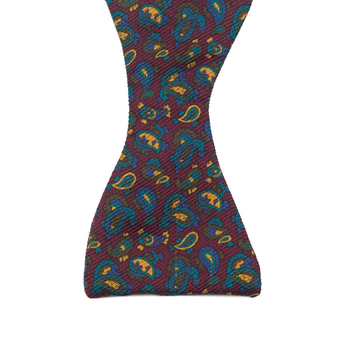 Burgundy silk bow tie with blue & gold paisley print