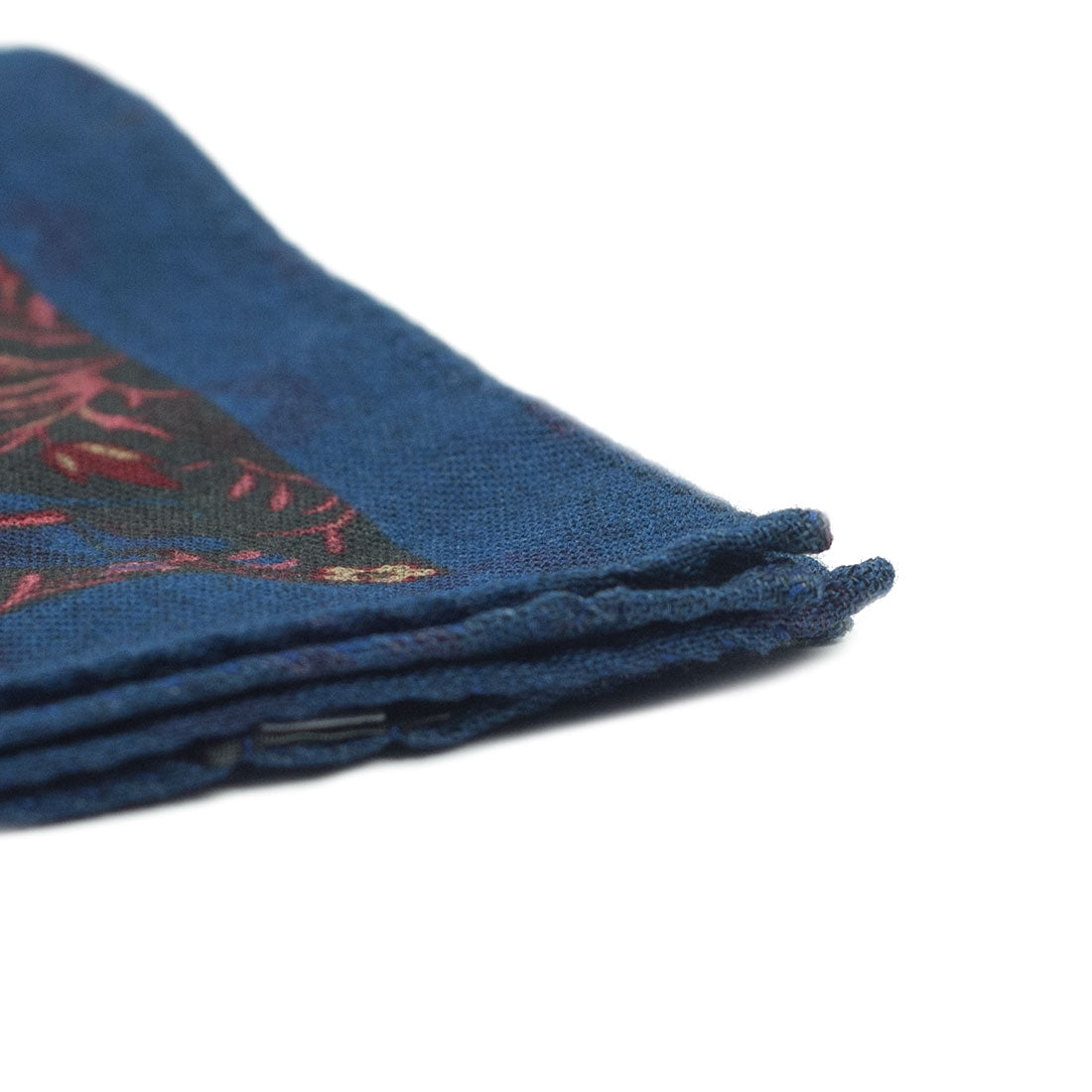 Green wool pocket square, rust & blue bird and elephant print