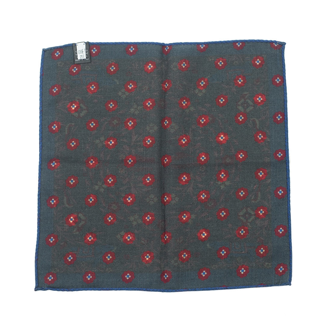 Green wool pocket square, rust & blue bird and elephant print