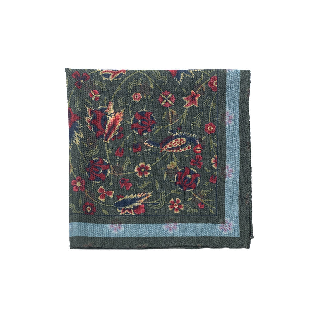 Green wool pocket square, red & gold floral print