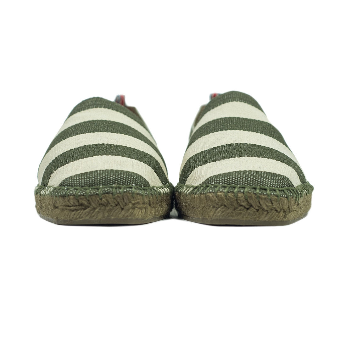 Army green and ecru woven stripes espadrilles with khaki sole