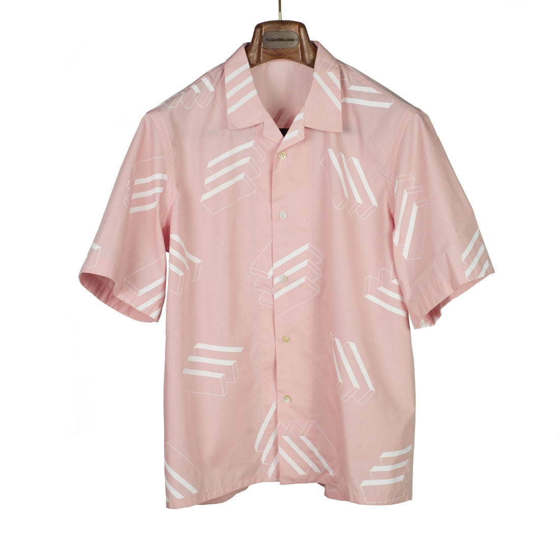 Camp collar shirt in blush pink cotton poplin with white geometric screen print