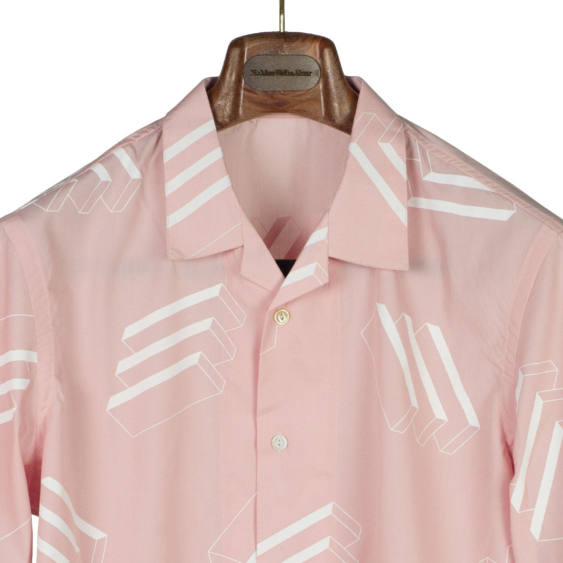 Camp collar shirt in blush pink cotton poplin with white geometric screen print