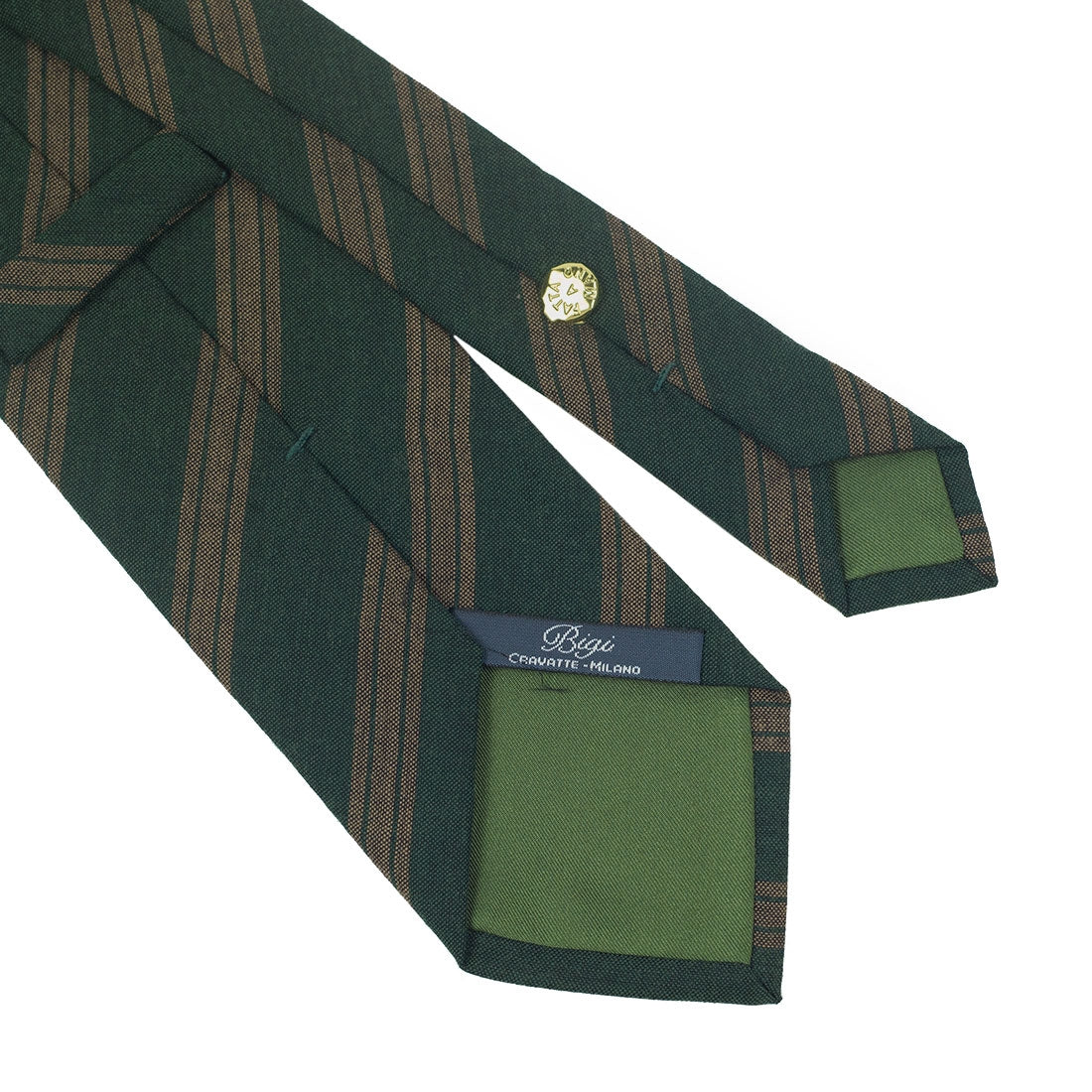 Bottle green light wool tie, triple copper stripes