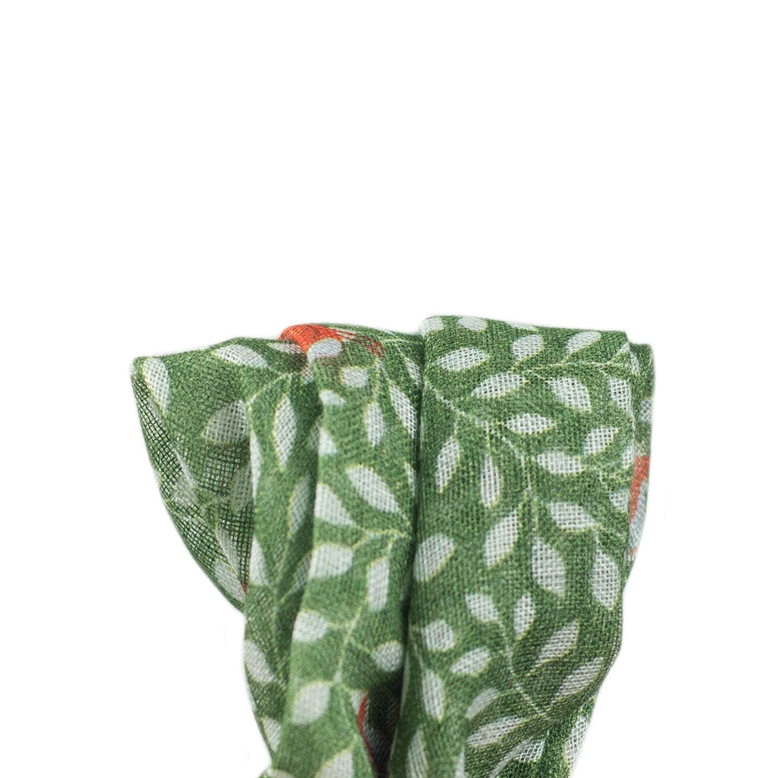 Green linen pocket square, leaves and birds print