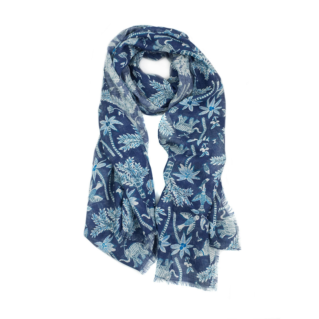 Denim blue lightweight linen scarf, animals and palmtrees print