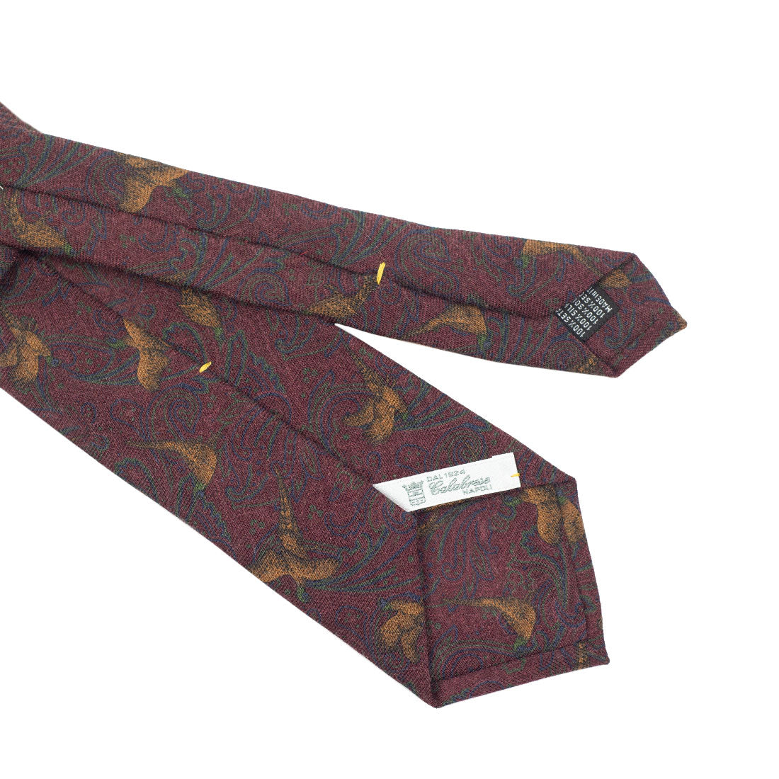 Burgundy wool challis tie with gold & green bird print