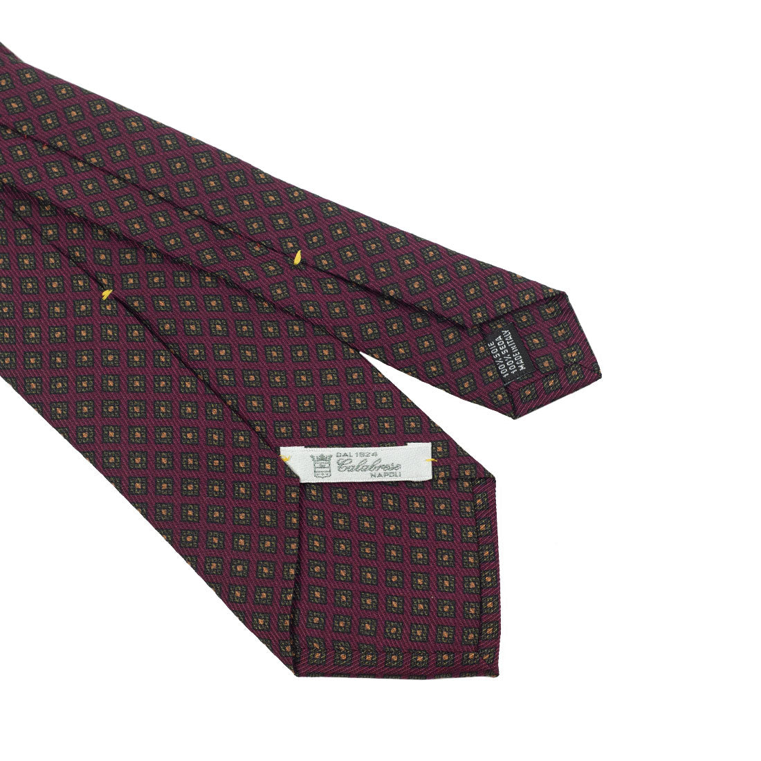 Burgundy silk tie with gold & brown neat print