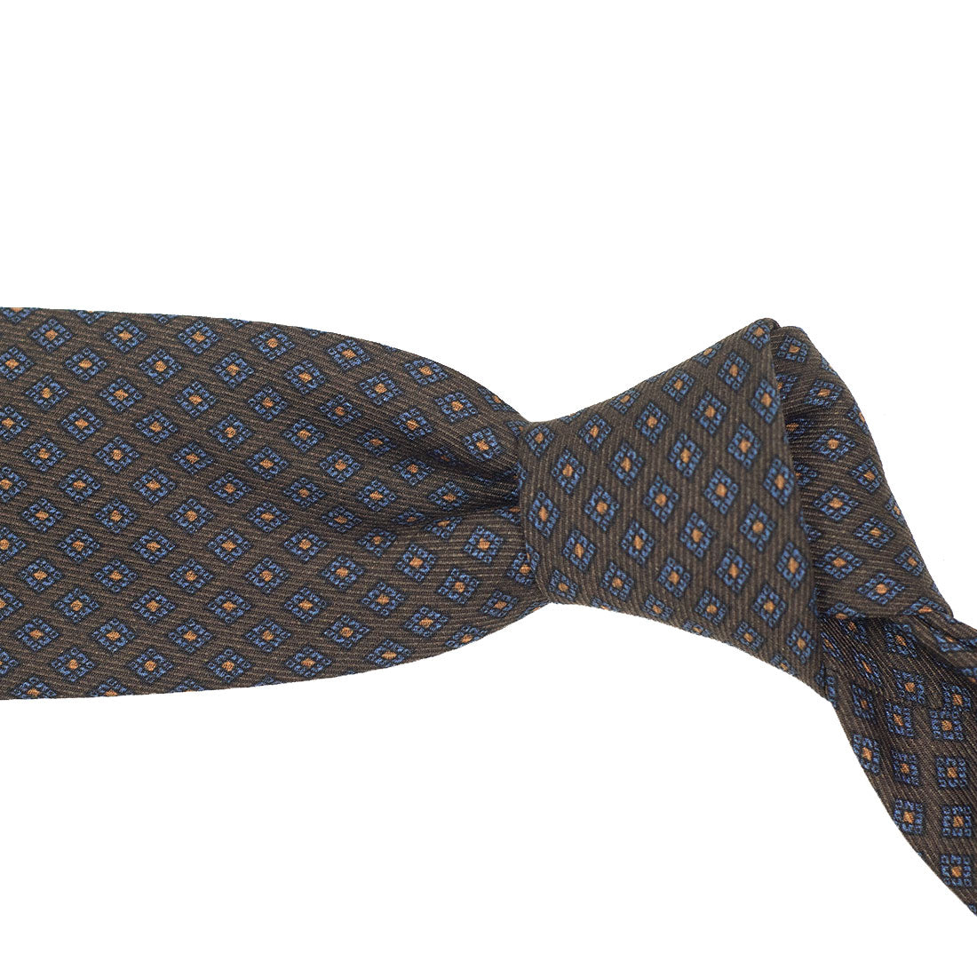 Brown silk tie with gold & blue neat print