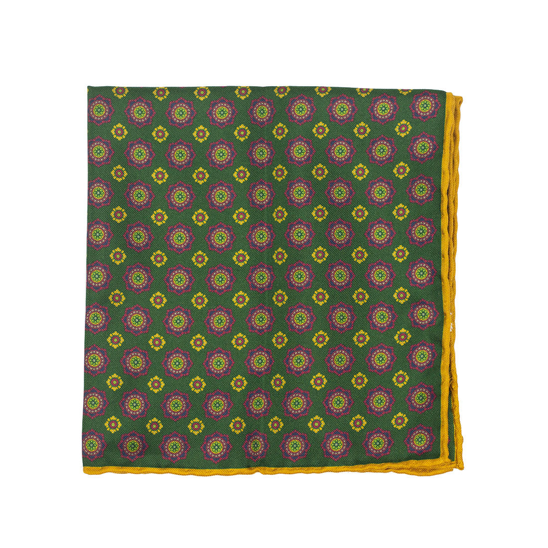 Green, purple & gold neat print silk pocket square