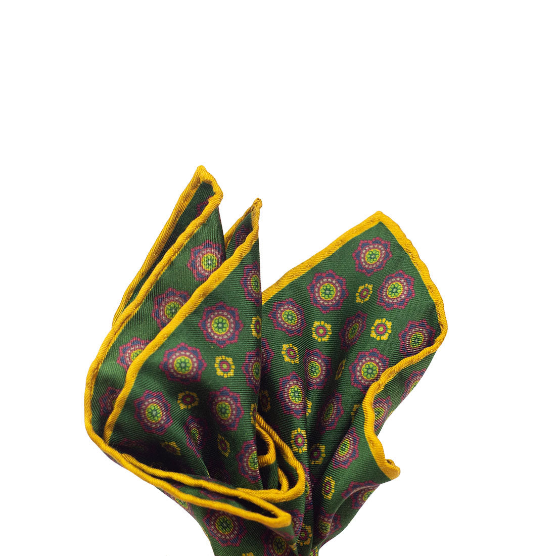 Green, purple & gold neat print silk pocket square