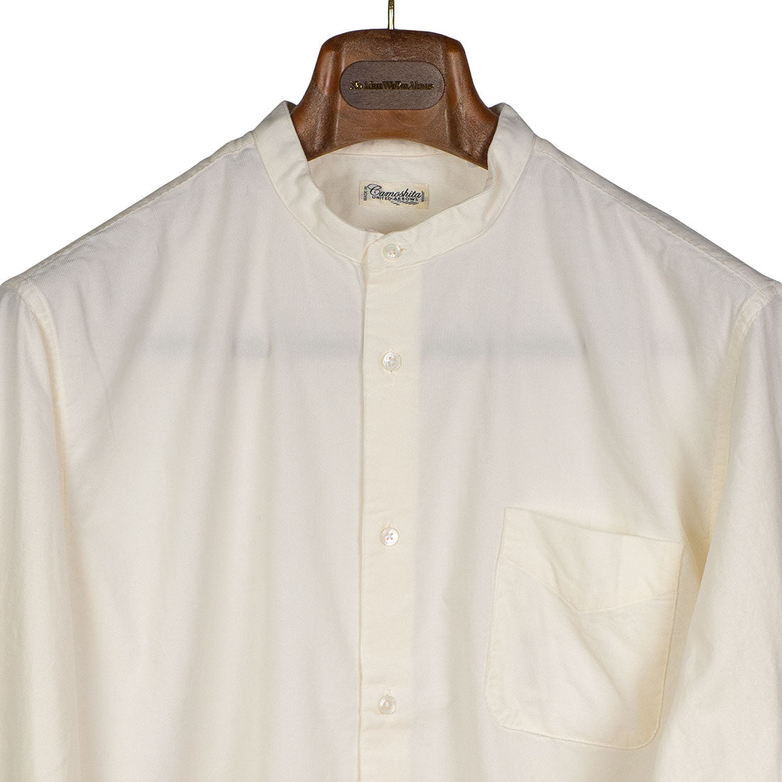 Band collar shirt in ecru cotton microcorduroy