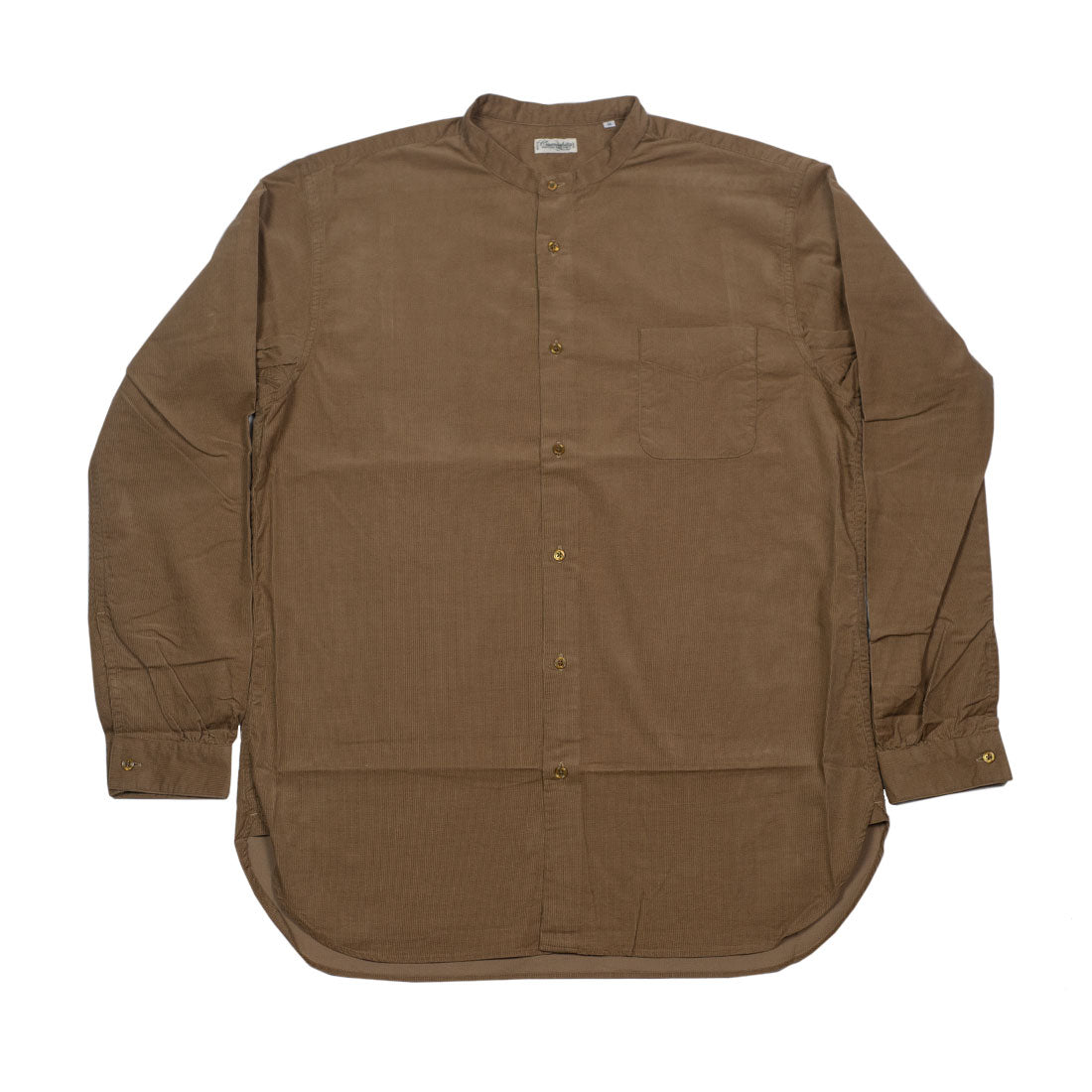 Band collar shirt in caramel brown cotton microcorduroy