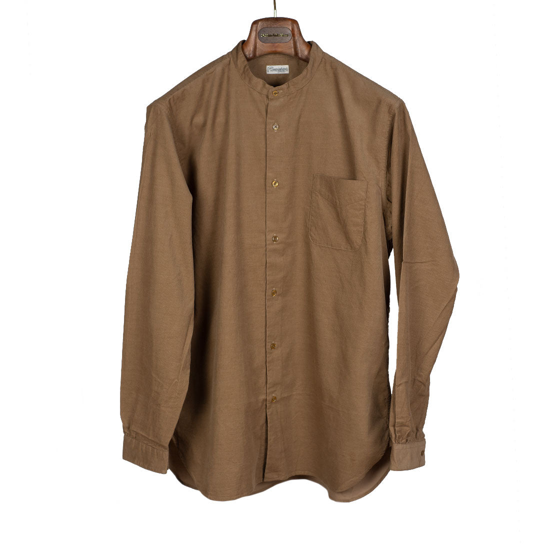 Band collar shirt in caramel brown cotton microcorduroy